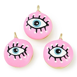 Бледно-Розовый Стойки обшивки латунные подвески, с эмалью, без свинца и без кадмия, реальный 18 k позолоченный, плоский круглый с оберегом от сглаза, розовый жемчуг, 19x15x8 мм, отверстие : 1.8 мм