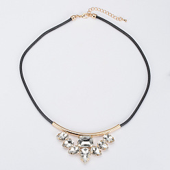 golden Retro Inlaid Crystal Pendant Necklace on Leather Cord for Women, Minimalist Neck Decoration (N001)