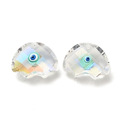Aquamarine Transparent Glass Pendants, with Enamel, Faceted, Half Round with Evil Eye Pattern, Aquamarine, 21x29x14.5mm, Hole: 1.6mm