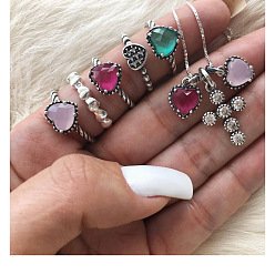 sku1040 Fashion Heart Cross Diamond 6-Piece Set Ring Necklace