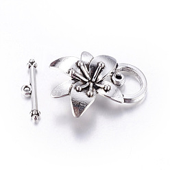 Antique Silver Alloy Toggle Clasps, Cadmium Free & Lead Free, Antique Silver, Flower: 29.5x23x7mm, hole: 1~10x12mm, bar: 21x5x2.5mm, hole: 1.5mm.
