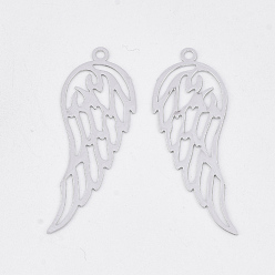Platinum Brass Pendants, Etched Metal Embellishments, Long-Lasting Plated, Wing, Platinum, 31.5x11x0.3mm, Hole: 1.2mm
