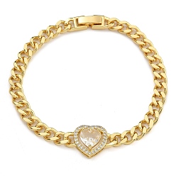 Прозрачный Браслеты из латуни с фианитами и микропаве со звеньями и подвесками, реальный 18 k позолоченный, прозрачные, 6-7/8 дюйм (17.5 см)