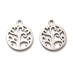Flat Round 316 Surgical Stainless Steel Pendants, Laser Cut, Tree of Life Charm, Stainless Steel Color, Flat Round, 15x12.5x1mm, Hole: 1.6mm