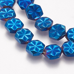 Blue Plated Electroplated Non-magnetic Synthetic Hematite Beads Strands, Grade AA, Hexagon with Flower, Blue Plated, 9x8x2.5~3mm, Hole: 1mm, about 40pcs/strand, 15.7 inch(40cm)