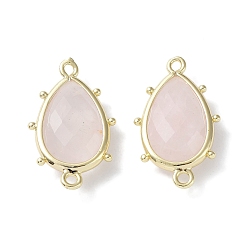 Rose Quartz Natural Rose Quartz Connector Charms, with Golden Plated Brass Edge Loops, Faceted, Teardrop, 24x14.5x5mm, Hole: 1.2mm & 1.4mm