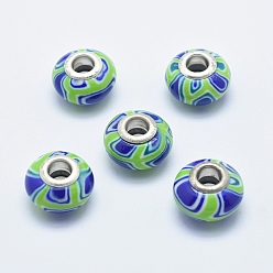 Spring Green Handmade Polymer Clay European Beads, with Silver Color Plated Brass Cores, Large Hole Beads, Rondelle, Spring Green, 13~16x8~11mm, Hole: 4.5~5mm