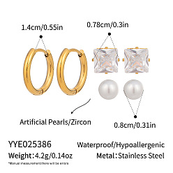 Прозрачный 3 пары 304 комплекты сережек из нержавеющей стали, квадратные и плоские круглые, с кубического циркония, золотые, прозрачные, 7.8~14 мм