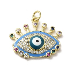 Cornflower Blue Brass Micro Pave Cubic Zirconia Pendants, with Enamel, with Jump Ring, Real 18K Gold Plated, Evil Eye, Cornflower Blue, 20x23x5.3mm, Hole: 3.5mm