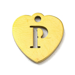 Letter P Ion Plating(IP) 304 Stainless Steel Pendant, Golden, Heart with Letter, Letter P, 12x12x1mm, Hole: 1.4mm