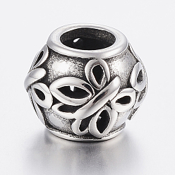 Antique Silver 304 Stainless Steel Beads, Large Hole Beads, Rondelle with Butterfly, Antique Silver, 12x10mm, Hole: 6mm