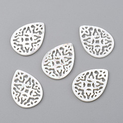 White Shell Hollow Natural White Shell Teardrop Pendants, 23x17x1.5mm, Hole: 1mm