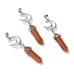 Goldstone Synthetic Goldstone Double Terminated Pointed Big Pendants, with Platinum Tone Brass Findings, Cadmium Free & Lead Free, Moon with Bullet, Faceted, 70~75mm, Hole: 4.6x8mm