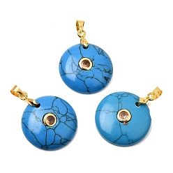 Synthetic Turquoise Dyed Synthetic Turquoise Pendants, Coin Charms with Brass Pave Cubic Zirconia Findings, Golden, Deep Sky Blue, 27x21x5mm, Hole: 4x3.5mm