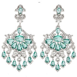 Темно-бирюзовый Латунь микро проложить кубический цирконий болтаться серьги стержня, цветок, платина, темные бирюзовый, 53x27 мм