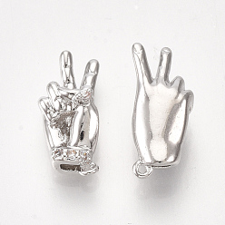 Real Platinum Plated Brass Charms, with Cubic Zirconia, Hand, Clear, Nickel Free, Real Platinum Plated, 13x6x4mm, Hole: 0.6mm