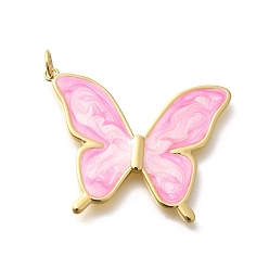 Pink Подвески из латуни с эмалью в стойку, с целью перехода в кольце, без кадмия и без свинца, долговечный, реальный 18 k позолоченный, очарование бабочки, розовые, 27x33x2.5 мм, отверстие : 3.5 мм
