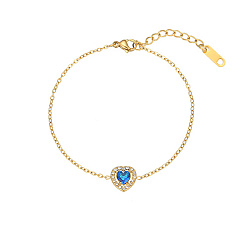 Dark Blue Cubic Zirconia Heart Link Bracelet with Golden Stainless Steel Chains, Dark Blue, 6-1/4 inch(16cm)