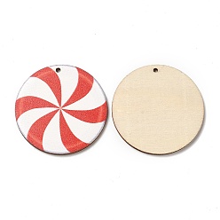 Red Single Face Christmas Printed Wood Pendants, Flat Round Charms, Red, 45x2.5mm, Hole: 2mm