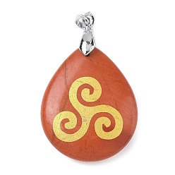 Красный Камень Природные красной яшмы подвески, с реечной обшивкой латунными выводами, без кадмия и без свинца, подвеска в виде капли и знака, 31x25x5~7 мм, отверстие : 4.5x4 мм