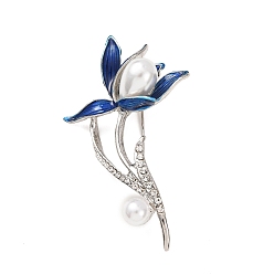 Платина Эмалевые броши-булавки в виде цветка магнолии, с горный хрусталь и пластиковой бисера, платина, 64.5x38~38.5 мм