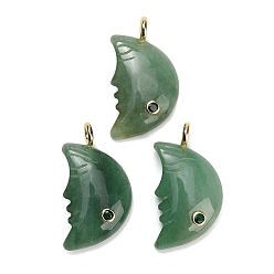 Green Aventurine Natural Green Aventurine Pendants, Moon Charms, with Brass Pave Cubic Zirconia Findings, Golden, 40~42x22~24x7~8mm, Hole: 4.5mm
