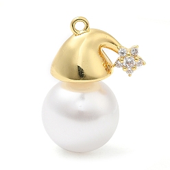 Real 18K Gold Plated Rack Plating Brass Pave Cubic Zirconia Pendants, with Plastic Pearl, Long-Lasting Plated, Cadmium Free & Lead Free, Christmas Hat, Real 18K Gold Plated, 21x15x11.5mm, Hole: 1.2mm