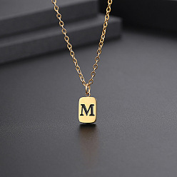 Letter M Titanium Steel Rectangle with Initial Letter Pendant Necklace with Cable Chains for Women, Golden, Letter.M, 17.72 inch(45cm)