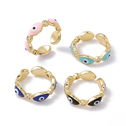 Mixed Color Enamel Evil Eye & Clear Cubic Zirconia Open Cuff Ring, Real 18K Gold Plated Brass Jewelry for Women, Lead Free & Cadmium Free, Mixed Color, US Size 6 1/4(16.7mm)