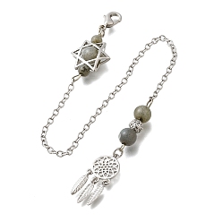Лабрадорита Круглые маятники для биолокации из натурального лабрадорита, с реечным покрытием, фурнитура из латуни и сплавов, плетеная сеть/паутина с перьями и звездой Давида, 248 мм