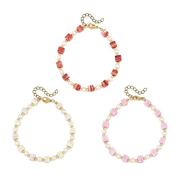Mixed Color Handmade Nepalese Lampwork Cube and Natural Pearl Beaded Bracelets, Golden, Mixed Color, 7.13~7.48 inch(18.1~19cm) 
