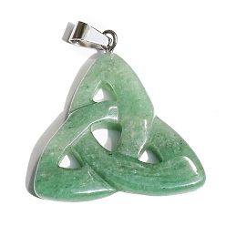 Green Aventurine Saint Patrick's Day Natural Green Aventurine Pendants, Triquetra Knot Charms with Platinum Plated Metal Snap on Bails, 34x6mm