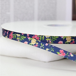Steel Blue Printed Polyester Grosgrain Ribbon, Flower Pattern, for DIY Craft Sewing Accessories, Steel Blue, 3/8 inch(10mm), about 100.00 Yards(91.44m)/Roll