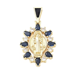 Marine Blue Religion Brass Pave Cubic Zirconia Pendants, with Enamel, Oval with Saint Benedict Charms, Lead Free & Cadmium Free, Long-Lasting Plated, Rack Plating, Real 18K Gold Plated, Marine Blue, 36mm, Pendant: 29x20x4mm, Hole: 5.5x3mm