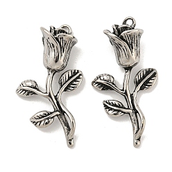 Antique Silver 304 Stainless Steel Pendants, Rose Flower Charm, Antique Silver, 32.5x17x9mm, Hole: 1.6mm