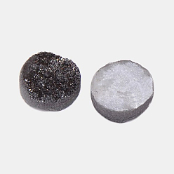 Black Electroplate Natural Druzy Crystal Cabochons, Flat Round, Dyed, Black, 10x3~6mm