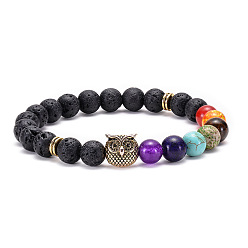 Owl - Ancient Gold Lava Volcano Stone Leopard Lion Owl Bracelet with Seven Chakra Stones and Natural Buddha Head Beads