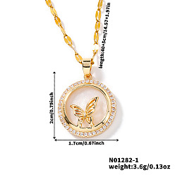 Золотой Латунный прозрачный кубический цирконий плоский круглый кулон в виде бабочки ожерелья с цепочкой для женщин, золотые, 15.75 дюйм (40 см)