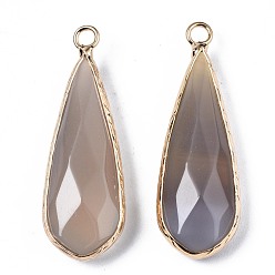 Grey Agate Natural Grey Agate Pendants, with Golden Plated Brass Edge and Loop, Teardrop, Faceted, 36~37x12x6mm, Hole: 2.5mm