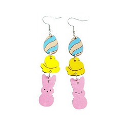 Pink Easter Theme Wood Rabbit Dangle Earrings for Party, Pink, 72x15mm