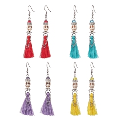 Mixed Color 4 Pair 4 Color Synthetic Turquoise Skull Dangle Earrings, 316 Surgical Stainless Steel Tassel Earrings for Halloween, Mixed Color, 77~79mm, Pin: 0.7mm, 1 Pair/color