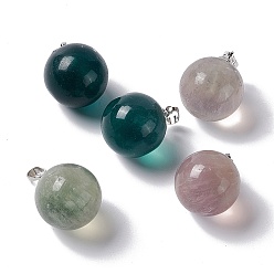 Fluorite Natural Fluorite Pendants, with Platinum Tone Brass Findings, Round Charm, 22x18mm, Hole: 3x6mm