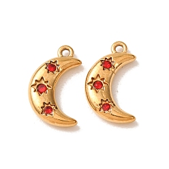 Siam 304 Stainless Steel with Rhinestone Pendants, Moon Charms, Ion Plating(IP), Golden, Siam, 16x9x3mm, Hole: 1.2mm