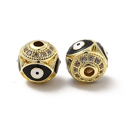 Black Brass Micro Pave Cubic Zirconia Beads, Round with Enamel Evil Eye, Real 18K Gold Plated, Black, 10x9.5mm, Hole: 1.6mm