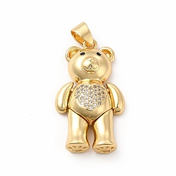 Clear Rack Plating Brass Micro Pave Cubic Zirconia Pendants, Cadmium Free & Lead Free, Real 18K Gold Plated, Long-Lasting Plated, Mechanical Charm, Bear with Heart Charm, Clear, 30x17x7mm, Hole: 3.5x4.5mm