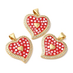 Малиновый Латунные микро проложить кубического циркония подвески, с эмалью и ракушкой, долговечный, без свинца и без кадмия, реальный 18 k позолоченный, сердце, малиновый, 20x19x3 мм, отверстие : 5x4 мм