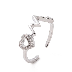Platinum Clear Cubic Zirconia Heart Beat Open Cuff Ring, Brass Jewelry for Women, Platinum, Inner Diameter: 17.6mm