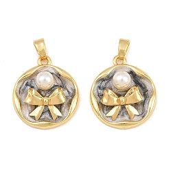 Black Brass Enamel Pendants, with ABS Plastic Imitation Pearl, Flat Round with Bowknot Charms, Real 18K Gold Plated, Black, 21x18x6mm, Hole: 4.5x3mm