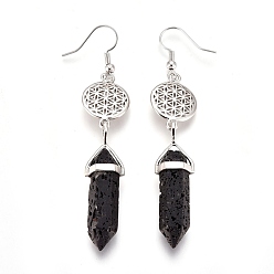 Lava Rock Pointed Bullet Natural Lava Rock Dangle Earrings, with Brass Earring Hooks and Flat Round with Flower of Life Links, Platinum, 77mm, Pin: 0.7mm