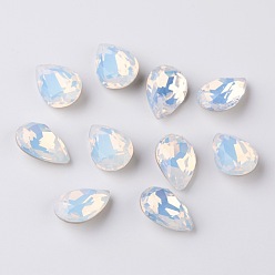 White Opal Faceted Teardrop K9 Glass Rhinestone Cabochons, Grade A, Pointed Back & Back Plated, White Opal, 10x7x4mm